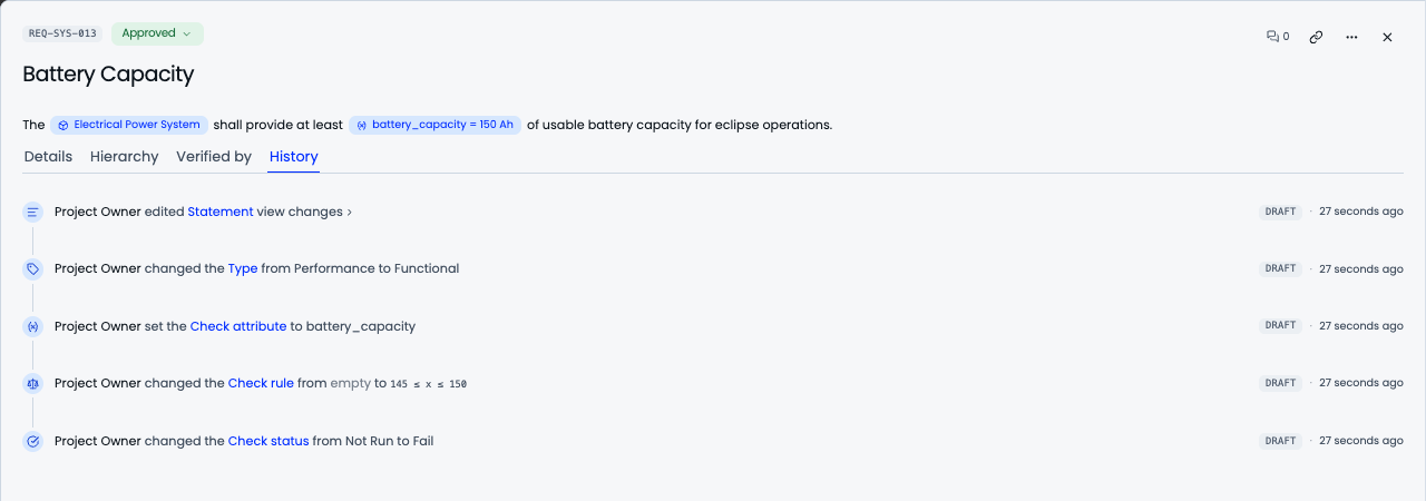 Requirement history in synapse™: an audit trail of every change, each marked draft or baseline