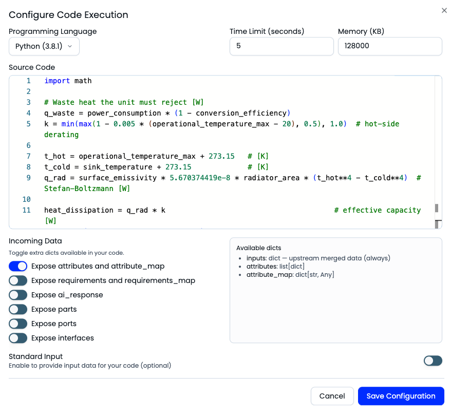 Code execution node in synapse™: Python source, runtime limits and the model data exposed to the script